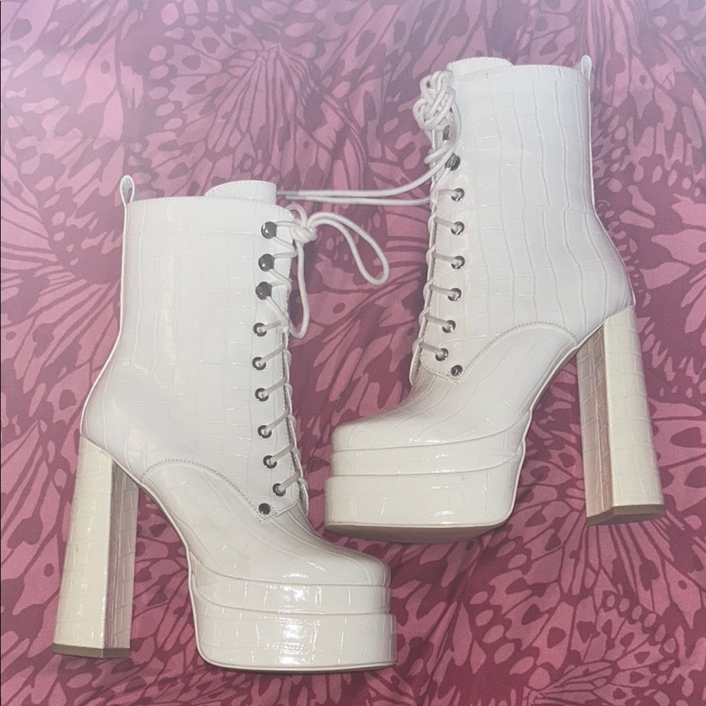Dolls Kill White Croc-Embossed Platform Boots